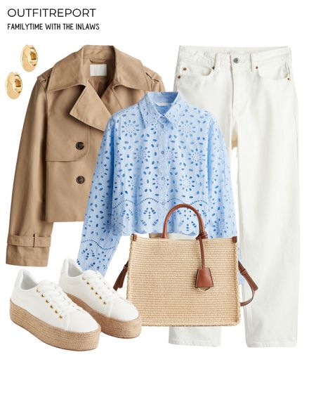 Colourful spring outfits in cropped trench coat blue shirt canvas sneakers trainers white denim jeans and woven handbag 

#LTKstyletip #LTKshoecrush #LTKitbag