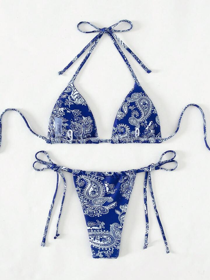 Swim Vcay Summer Beach Paisley Print Halter Triangle Bikini Set | SHEIN