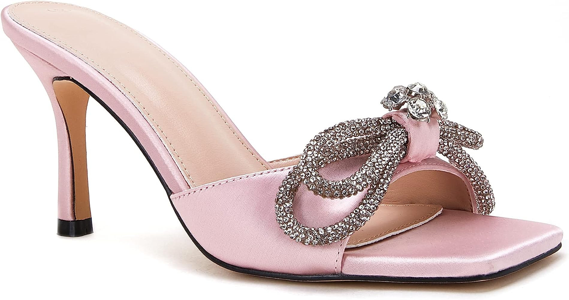 VETASTE Women's Heeled Sandals Square Open Toe Double Bow Satin Mules Heels Wedding Party Slip on... | Amazon (US)