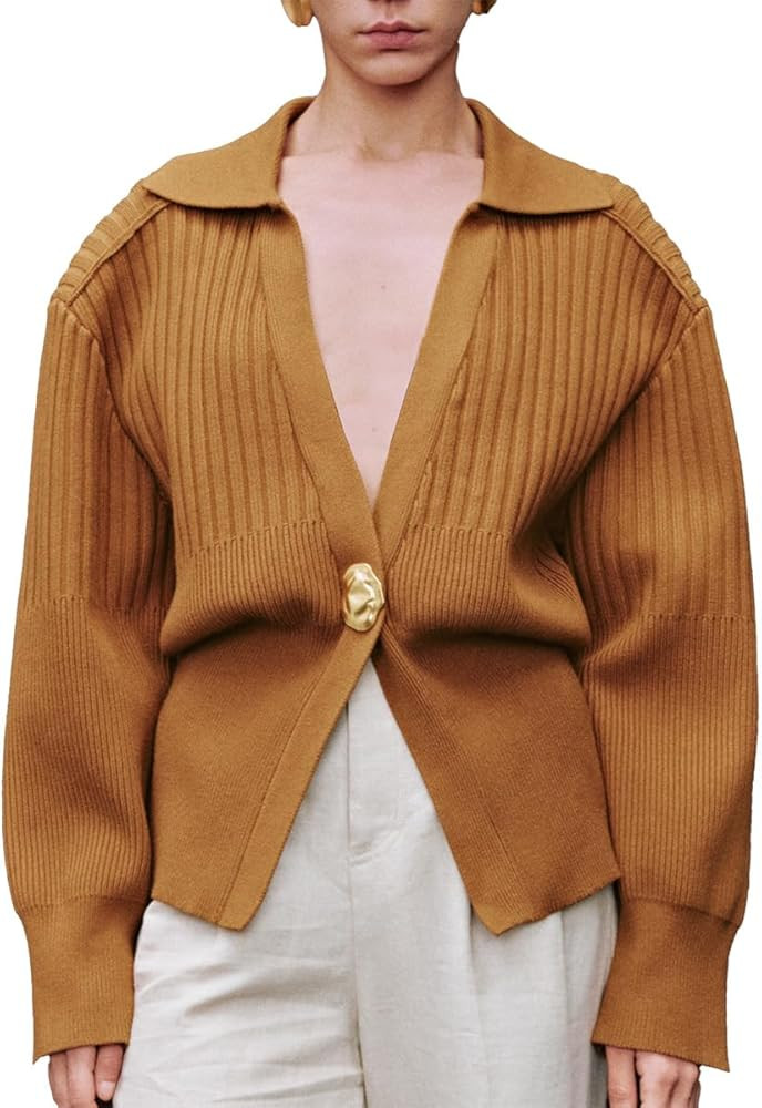 URBAN REVIVO Women's Cardigan V-Neck Lapel Long Sleeve Knitted Cropped Casual Sweater with Metal ... | Amazon (US)