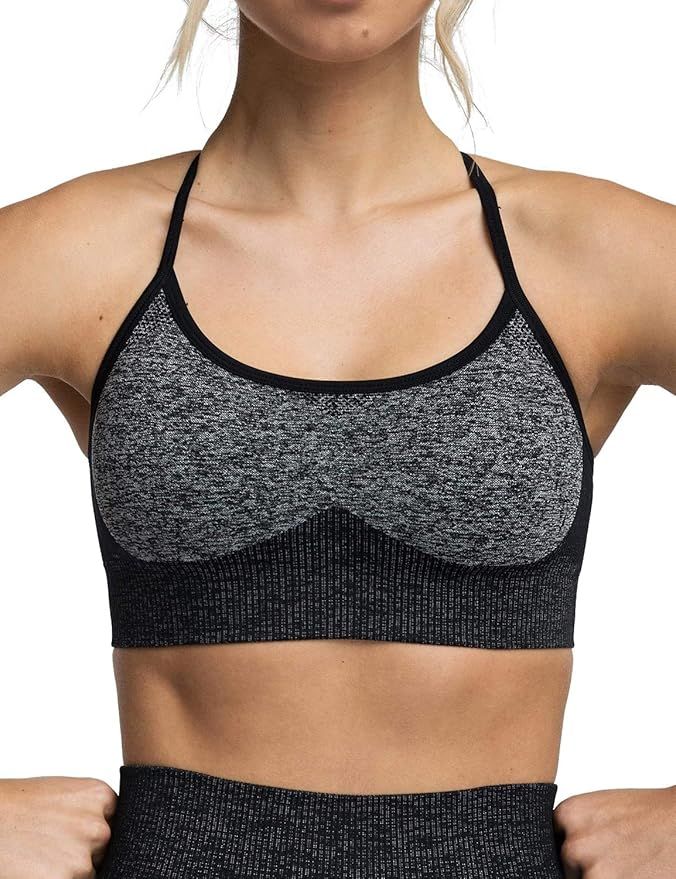 M MOYOOGA Strappy Sports Bra for Women Padded Seamless Crop for Yoga Workout Running | Amazon (US)
