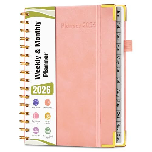 2026 Planner, Hardcover Leather Weekly and Monthly Planner, January 2026 - December 2026, Spiral Yearly Agenda Organizer Book 2026 with Tabs, Daily Calendar Planners for School Work Home, A5 (5.75" x 8.38"), Pink | Amazon (US)