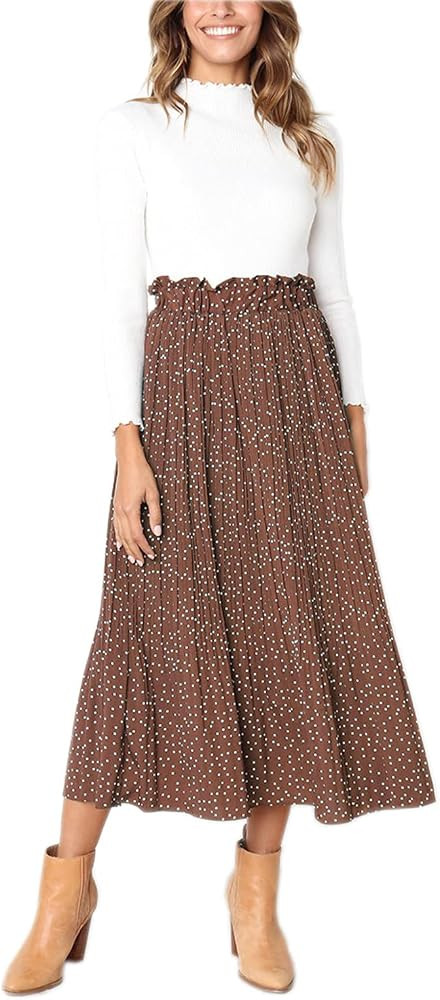 Hoerev Women Print Dot with Pockets Pleated Long Skirt Beach Party Maxi Skirt | Amazon (US)