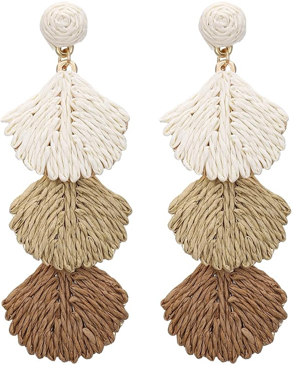 Raffia Shell Earrings for Women, Summer Beach Vacation Jewelry, Lightweight Handmade Dangle Earri... | Amazon (US)