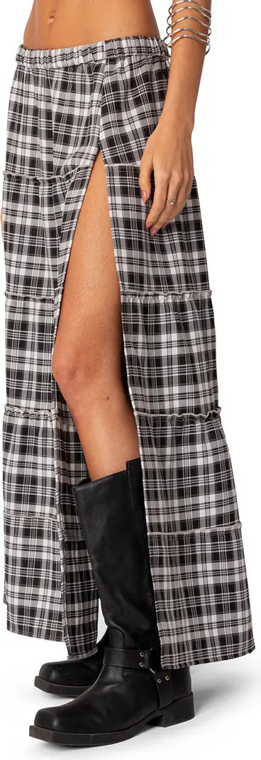 EDIKTED Plaid Tiered Slit Maxi Skirt | Nordstrom | Nordstrom