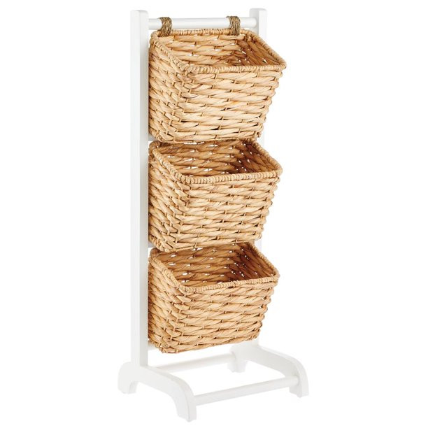 mDesign 3 Tier Vertical Standing Storage Basket Stand, Decorative Wood Storage Organizer Tower Ra... | Walmart (US)