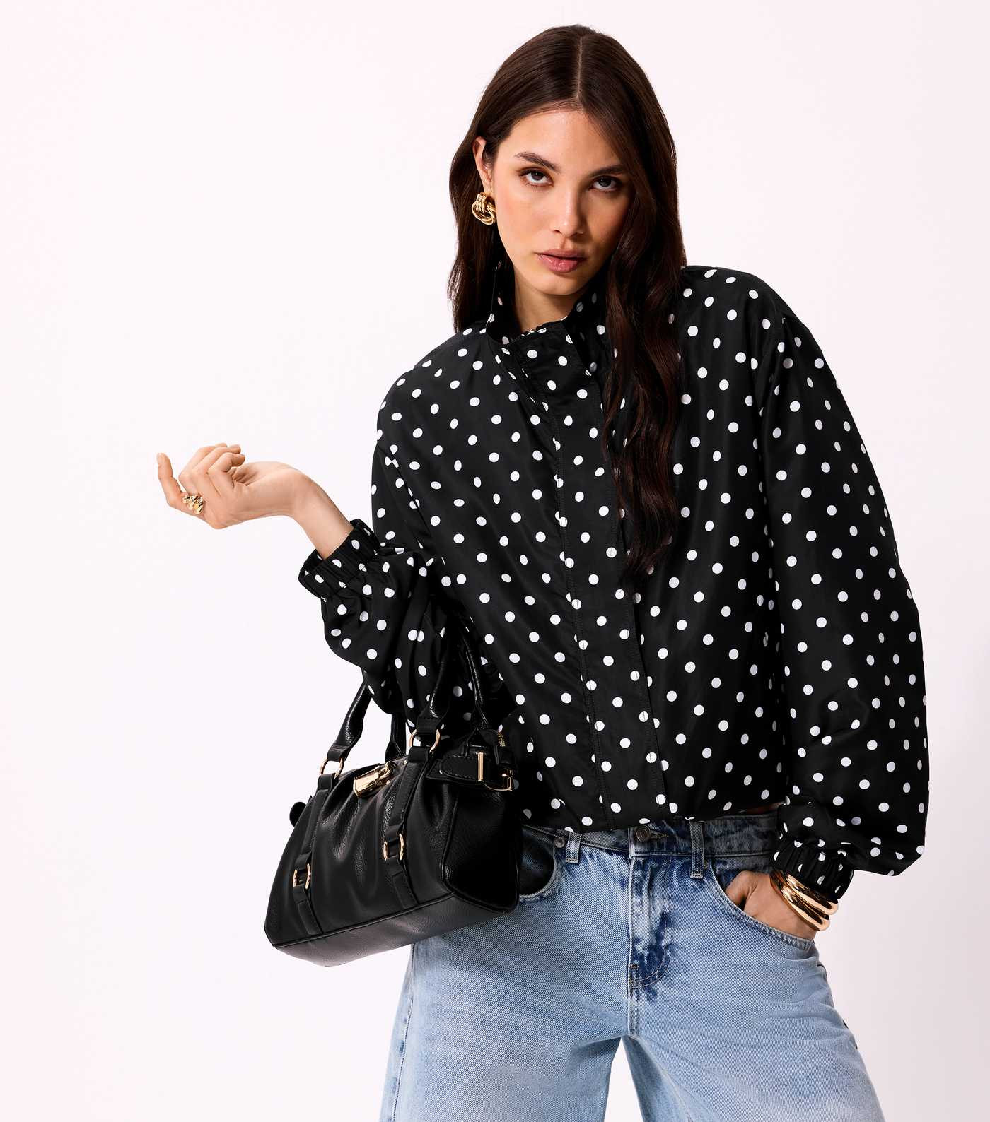 Black Polka Dot Bubble Hem Zip Windbreaker Jacket | New Look | New Look (UK)