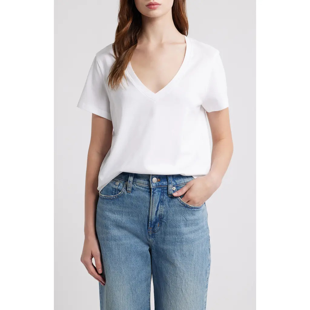Madewell Perfect V-Neck Cotton T-Shirt in White at Nordstrom, Size X-Small | Nordstrom