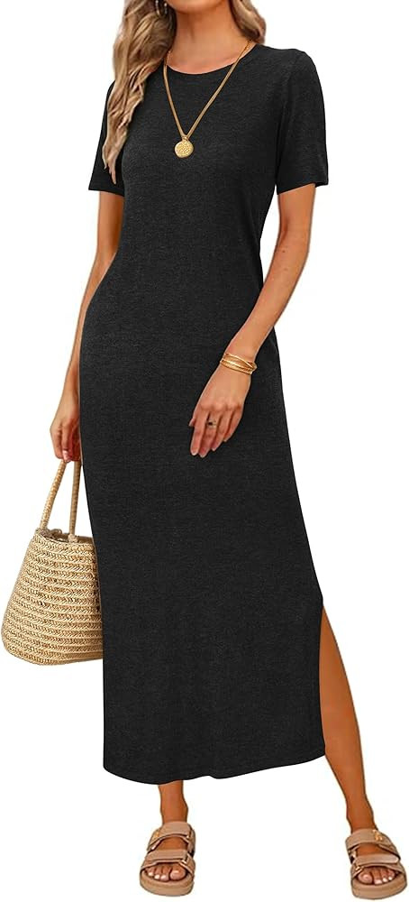 Arach&Cloz Womens Summer Casual Short Sleeve Crew Neck Wool Blend T Shirt Split Maxi Long Dress 2... | Amazon (US)
