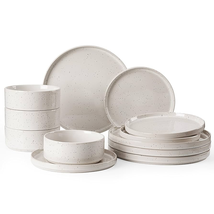 Famiware Nebula Plates and Bowls Sets, 12 Pieces Dinnerware Sets, Dishes Set for 4, Creamy White ... | Amazon (US)