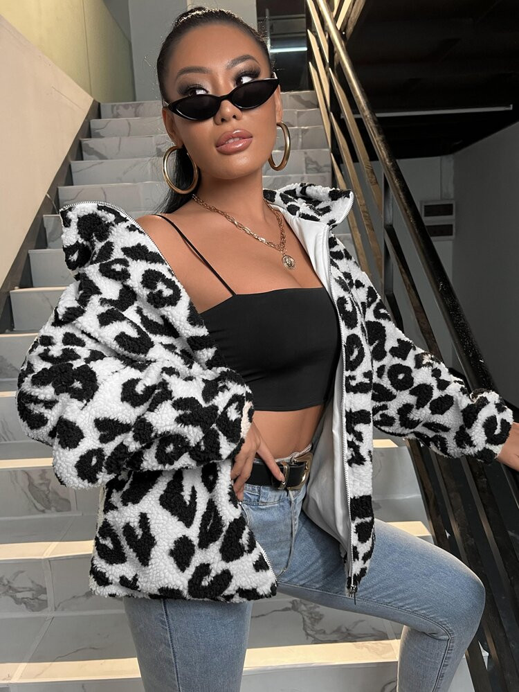 Leopard Print Drop Shoulder Hooded Coat | SHEIN