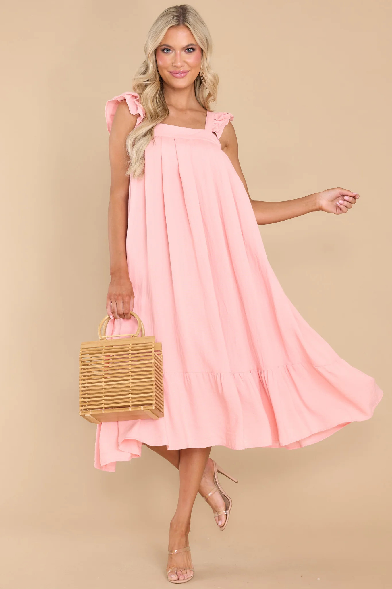 So You Hear Light Melon Midi Dress | Red Dress 