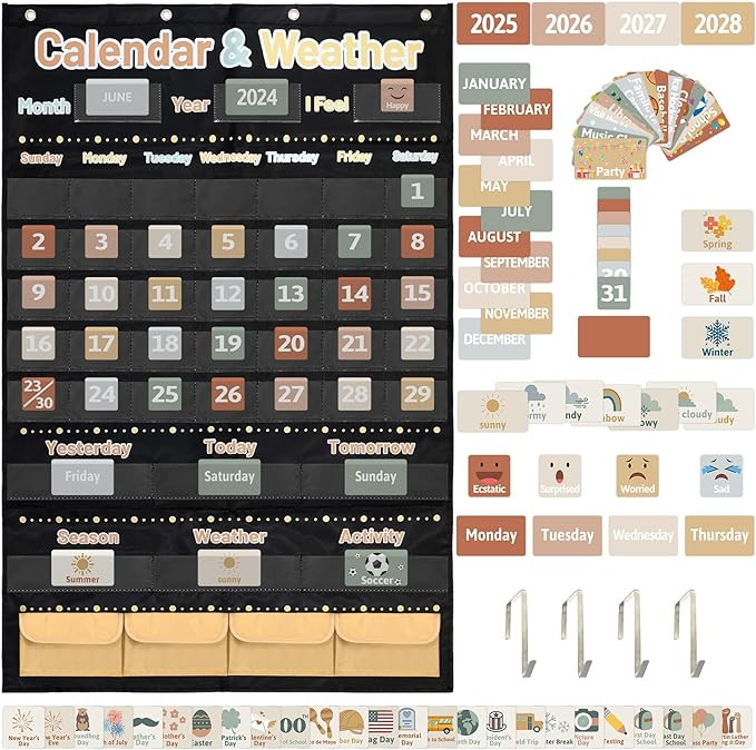 Boho Calendar and Weather Pocket Chart for Kids with 148 Cards Classroom Calendar Pocket Chart Sc... | Amazon (US)