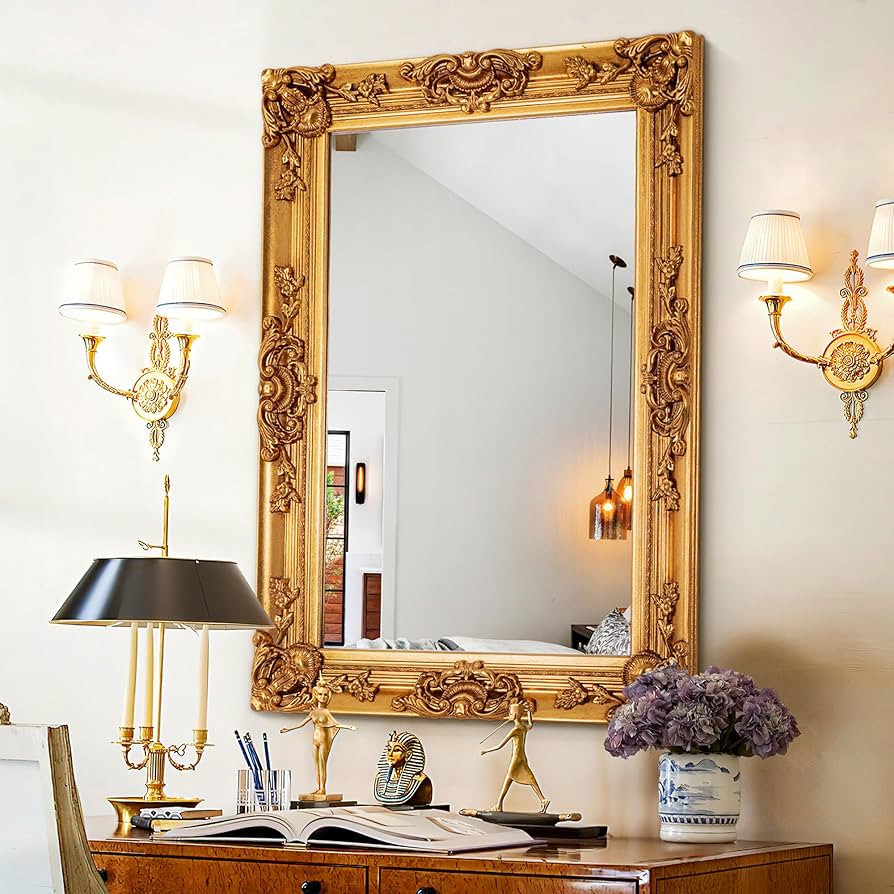 Chende Gold Wall Mirror, 38.5" x 26.5" Large Decorative Mirror with Ornate Frame, Rectangular Bar... | Amazon (US)