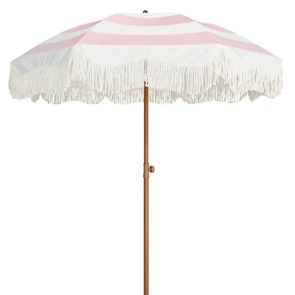 AMMSUN 6.5ft Patio Umbrella UPF50+ with Boho Fringe Tassel Tilt Pole for Outdoor Picnic,Pink Stri... | Walmart (US)