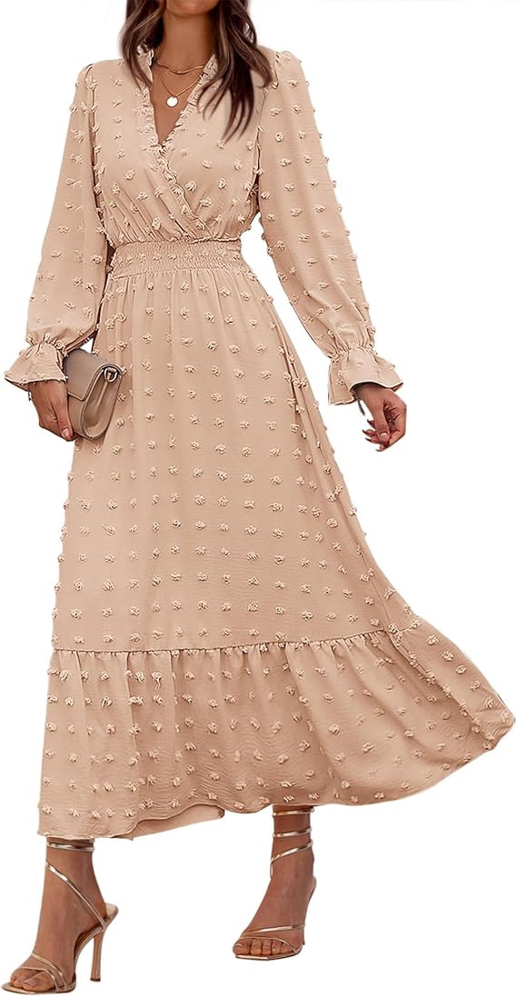 BTFBM Women Fall Maxi Dresses 2026 Long Sleeve V Neck Swiss Dots High Waisted A-Line Ruffle Boho ... | Amazon (US)