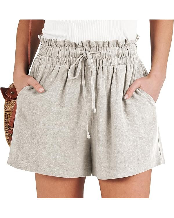 ANRABESS Linen Shorts for Women Casual High Waisted Wide Leg Drawstring Cute Summer Beach Shorts ... | Amazon (US)