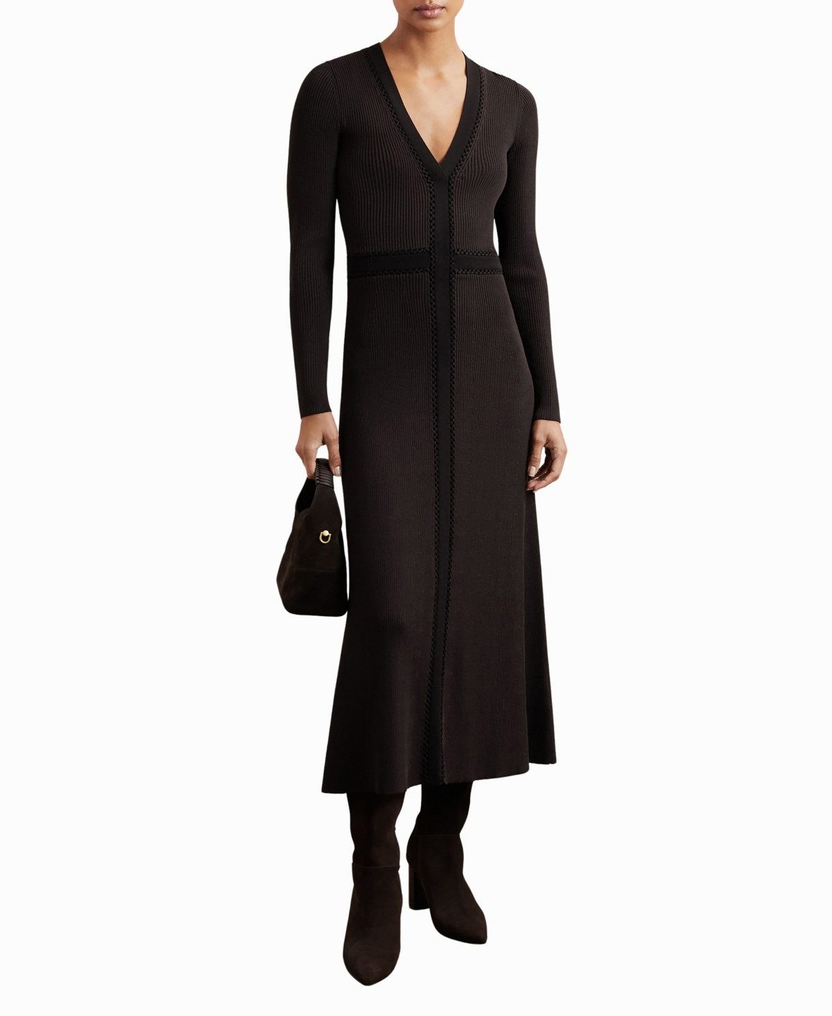 Reiss Women's Craft-Stitch Rib-Knit Midi Dress - Chocolate Brown, Black | Macy's