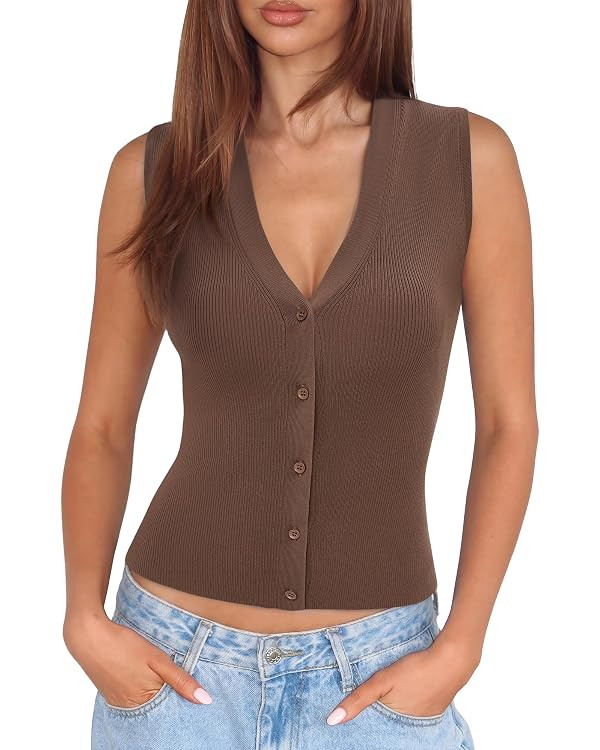 SUUKSESS Women Sleeveless Sweater Tops Summer V Neck Button Down Vest Tops Business Casual Work S... | Amazon (US)