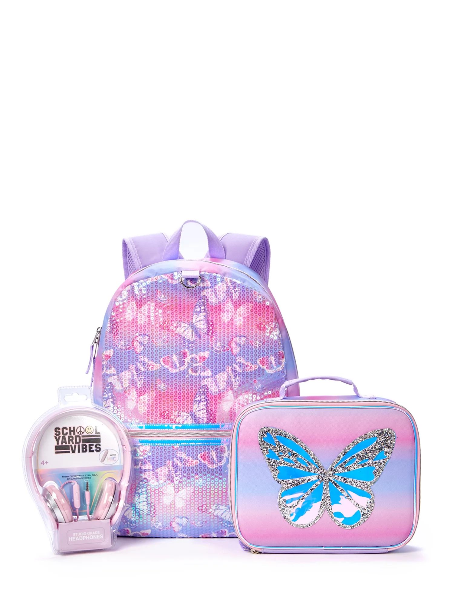 Schoolyard Vibes Girls Backpack 3-Piece Set with Lunch Bag & Headphone Set Purple Iridescent Glit... | Walmart (US)