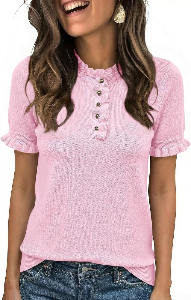 Cicy Bell Womens Puff Short Sleeve Sweater Tops Ruffle Henley Neck Spring Summer Pullover Dressy ... | Amazon (US)