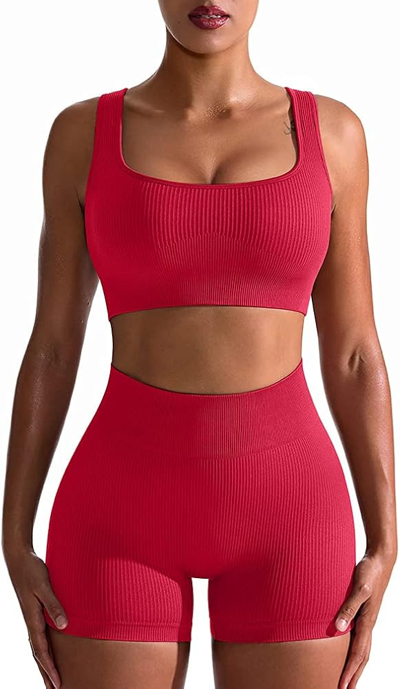 OQQ Workout Outfits for Women 2 Piece Seamless Ribbed High Waist Leggings with Sports Bra Exercis... | Amazon (US)