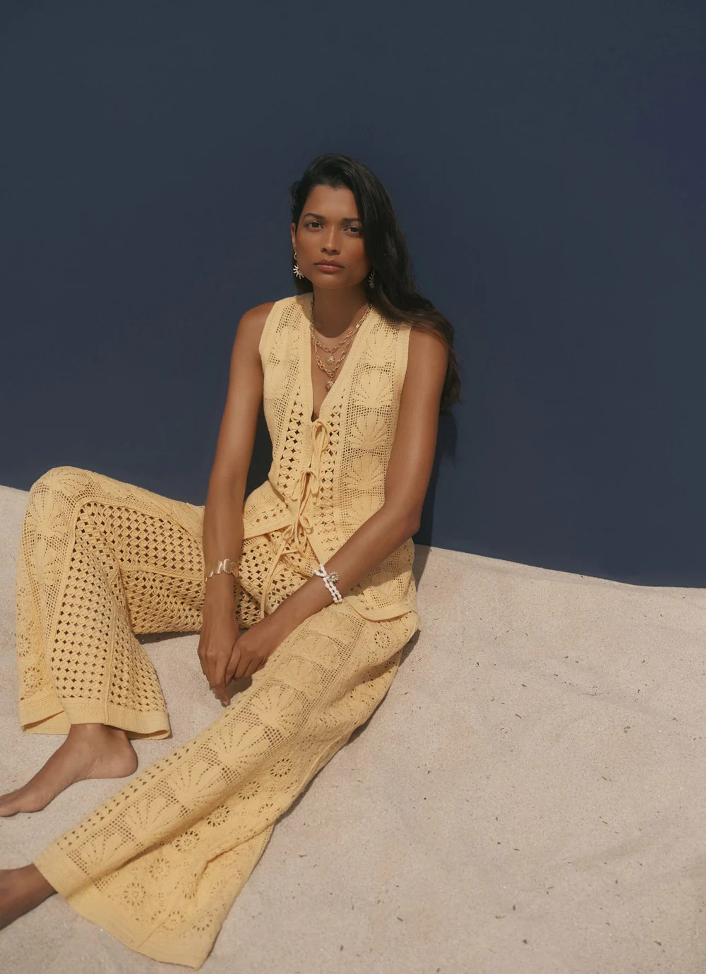 Yellow Crochet Shell Tie Front Top | Mint Velvet
