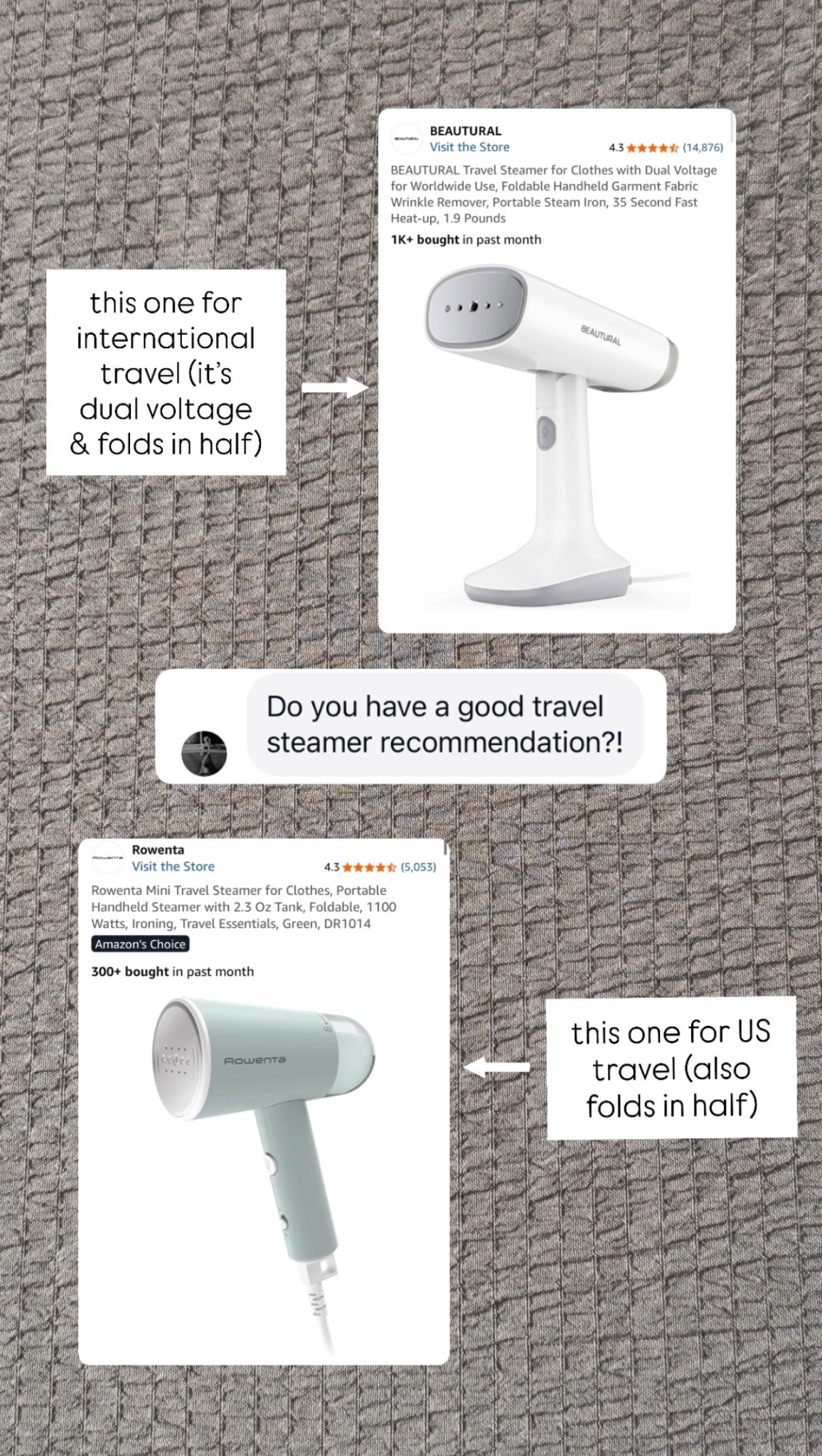 The two best travel steamers we own! The top one we use for international travel since it has dual voltage, and the bottom for US travel & for use at home! Both fold in half making it easier to travel.

#LTKTravel