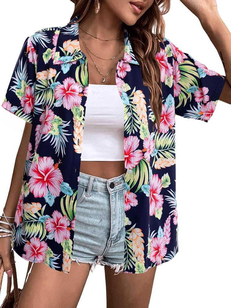 MYHALF Women Hawaiian Shirt Soft Cool Summer Hawaii Shirts Floral Tropic Print V Neck T-Shirt Sho... | Amazon (US)