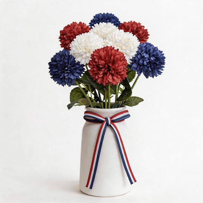 Artificial Chrysanthemum Flower Arrangement in White Vase, Red White Blue Faux Mums Centerpiece w... | Amazon (US)