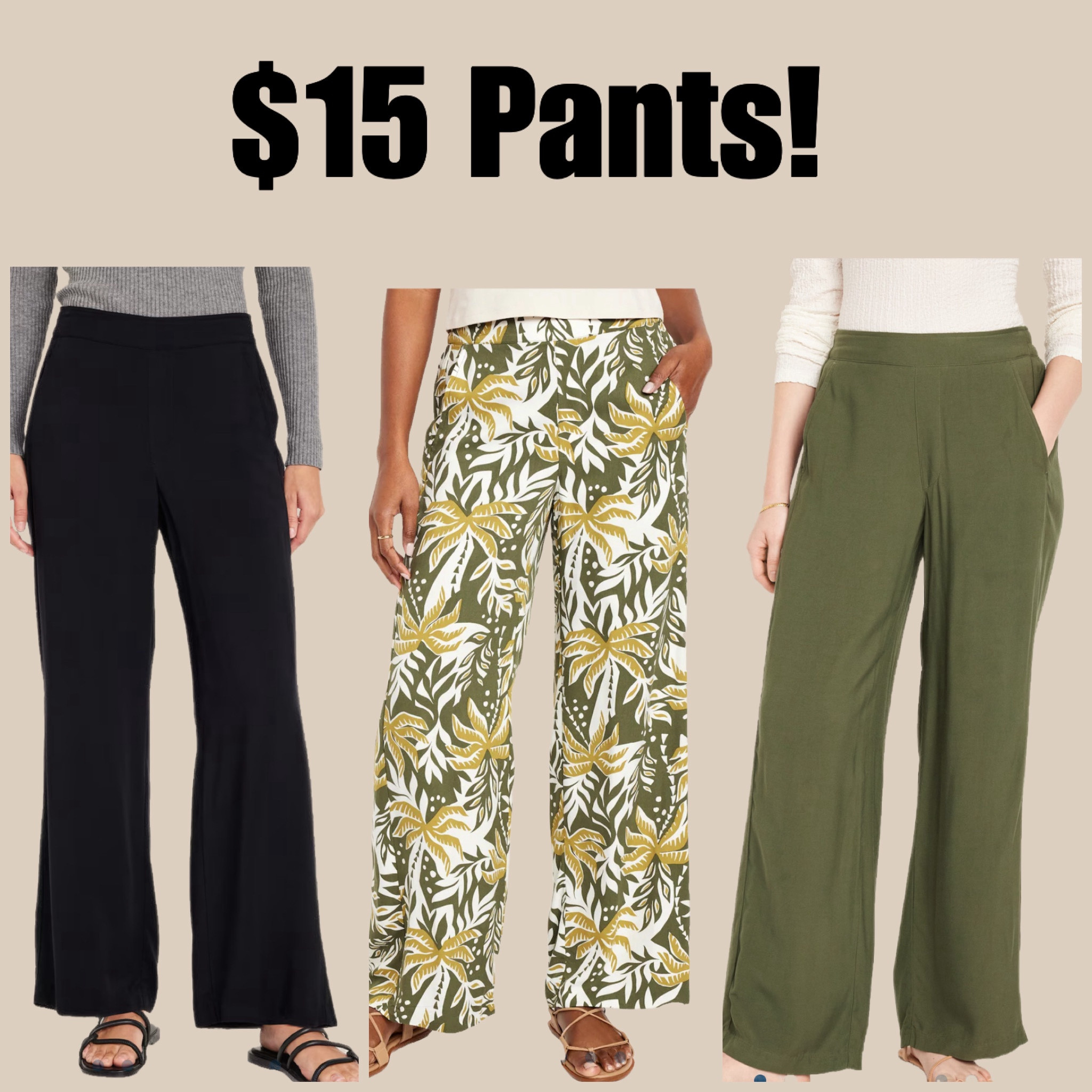 🎉🎉💲 15 Wide Leg Playa Pants at Old Navy! These are rayon material to totally work appropriate! You can dress up or down and those tropical print ones could be worn on vacation even! 🌴 Love these versatile pants and even the reviewes are amazing!

