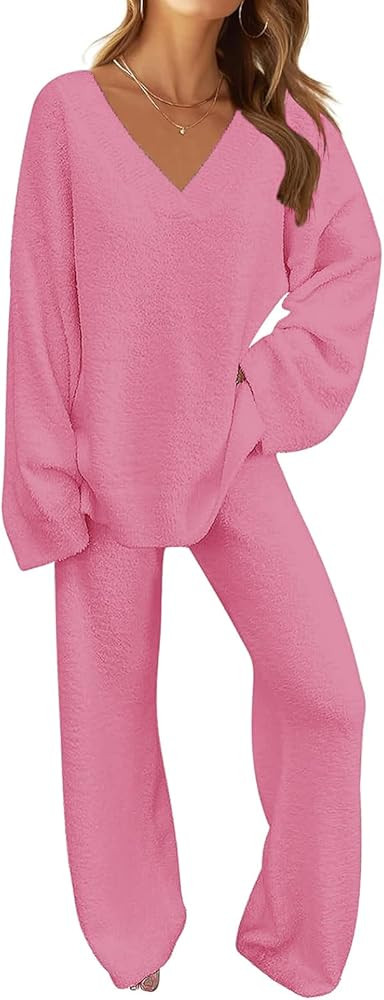 TECREW Women's Fuzzy Fleece Lounge Sets 2 Piece Outfits Long Sleeve Top Wide Leg Pants Pajama Set... | Amazon (US)