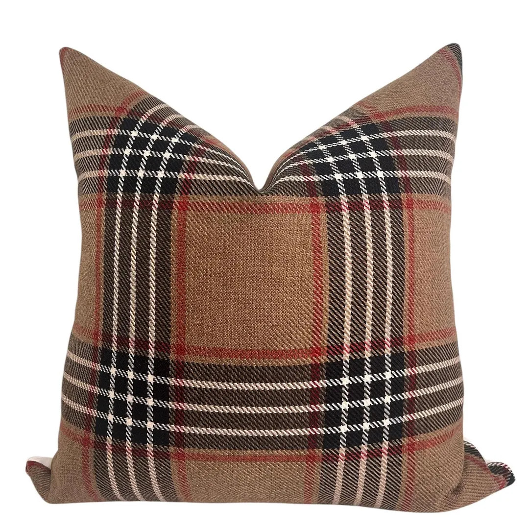 Classic Plaid Pillow Cover, Brown and Red Decorative Cushion, Vintage-inspired Plaid Pillow Cover... | Etsy (US)