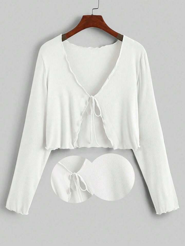 SHEIN Qutie Plus Tie Front Lettuce Trim Top White Sets For Womenwhite Two Piece Set | SHEIN