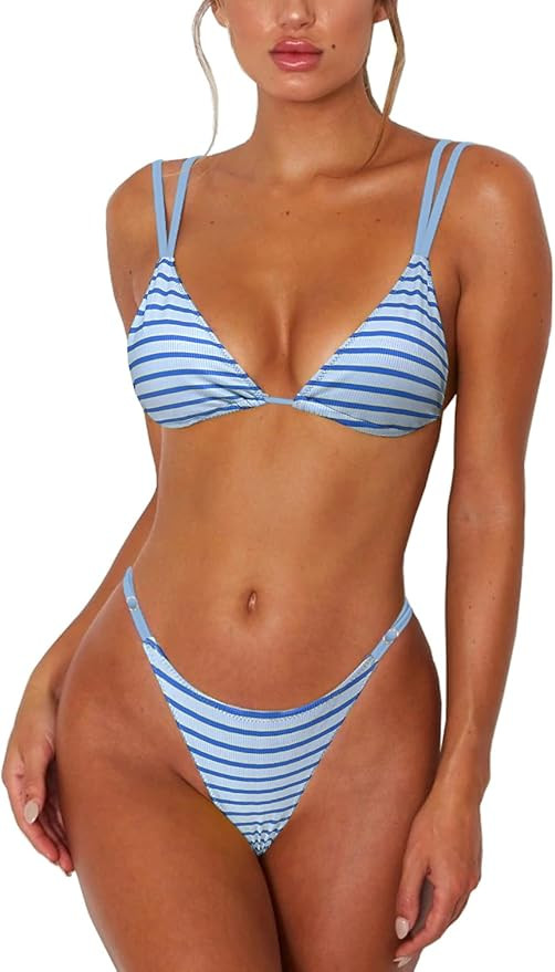 Women's Sexy Thong Bottom Two Piece Bikini Double Shoulder Straps Cute Swimsuit Triangle Bathing ... | Amazon (US)