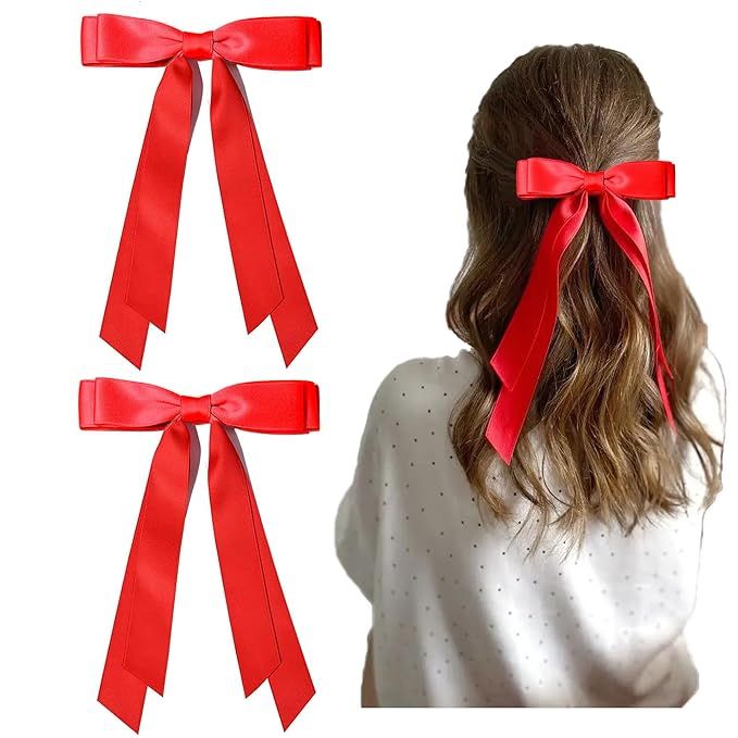 Ayesha Red Ribbon Hair Bows Clips Satin Ribbon Bowknot with Long Tail Christmas Hair Bows Barrett... | Amazon (US)