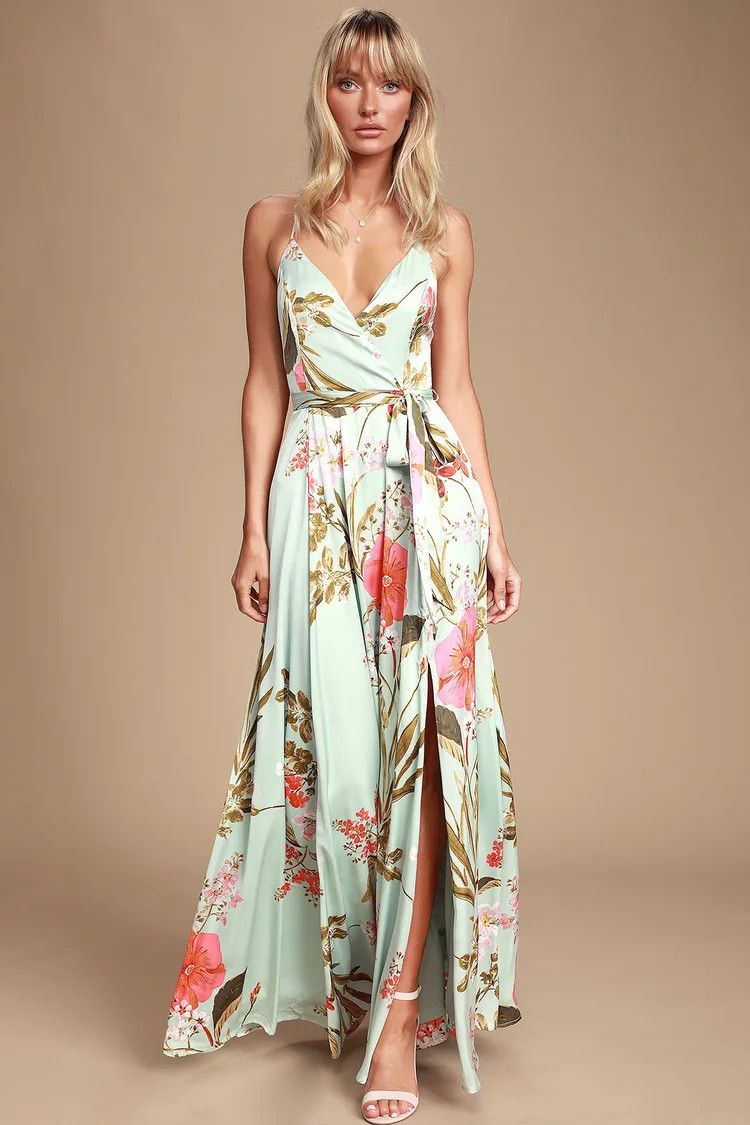 Sage Green Floral Print Satin Maxi Dress | Sage Green Dress Dresses | Spring Outfits 2023 | Lulus (US)