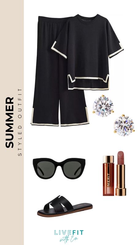 This chic summer outfit is perfect for a relaxed yet elegant look. The black top and pants are trimmed with white, providing a classic and stylish contrast. Pair these with sleek black sunglasses and simple black sandals for a coordinated feel. Accessorize with sparkling earrings and a subtle lipstick to add just the right touch of glamour to your ensemble. Ideal for summer outings, this outfit balances comfort with sophistication. #SummerStyle #FashionFinds #ElegantOutfit #SummerChic

#LTKSeasonal #LTKStyleTip #LTKTravel