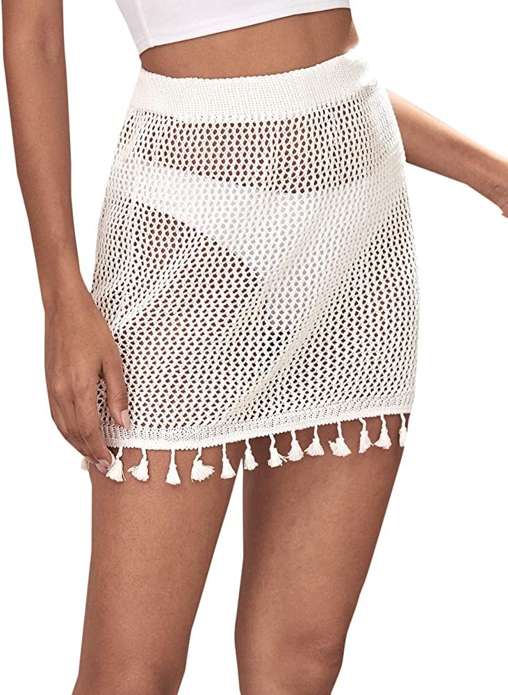 MakeMeChic Women's Crochet Cover Up Skirt Tassel Knit Mini Beach Cover Up White S at Amazon Women... | Amazon (US)
