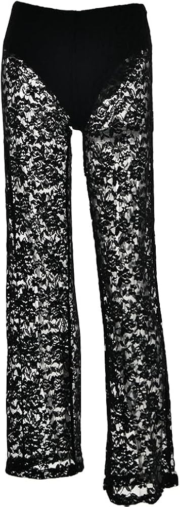 Women Floral Lace Sheer Mesh Pants Sexy Elastic High Waist See Through Flare Bell Trouser Y2K Wid... | Amazon (US)