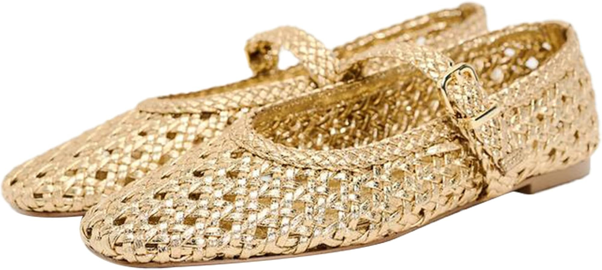 Women Woven Fashion Flats Eyelet Buckled Ballet Flats Hollow Casual Shoes | Amazon (US)