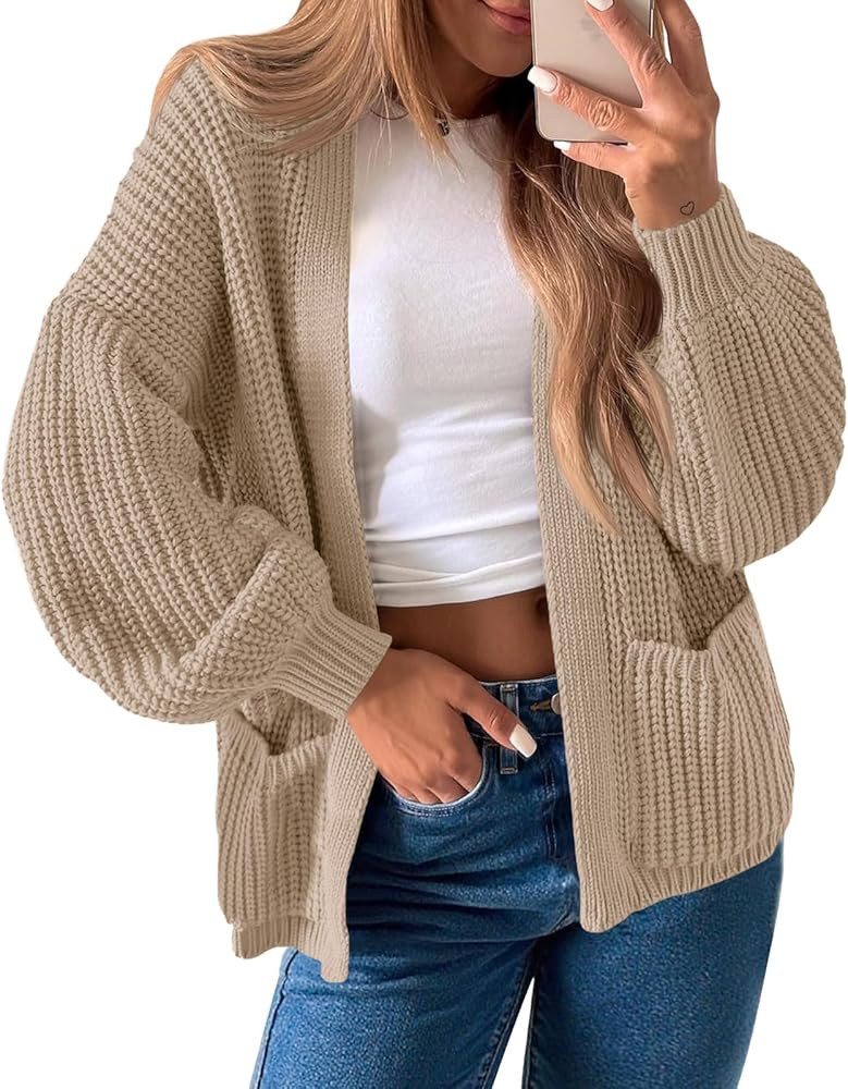 Saodimallsu Womens Oversized Cardigan Ribbed Chunky Knit Long Lantern Sleeve Open Front Fall Swea... | Amazon (US)