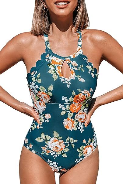 CUPSHE Women's One Piece Swimsuit Floral Print High Neck Scallop Bathing Suit | Amazon (US)