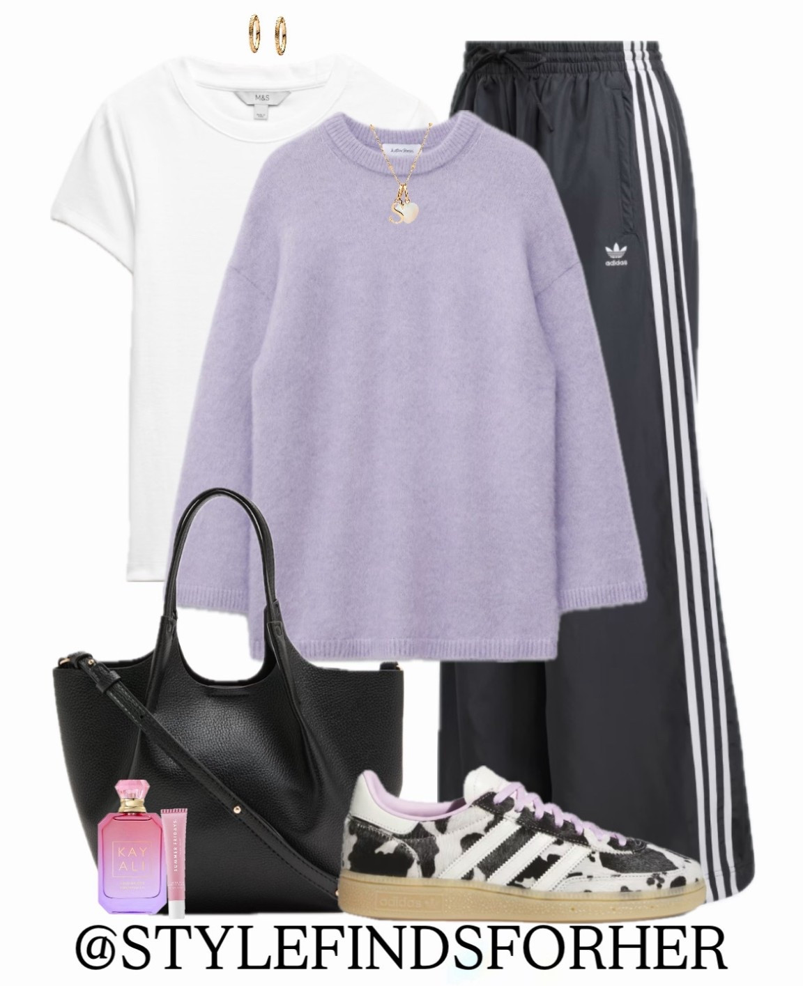 a little lavender moment 💜

An oversized mohair jumper paired with @adidas track pants and trainers for that sporty edge 

Comment SHOP for outfit links sent straight to your DM’s ✨

Adidas new in trainers wide leg firebirds handbag kayali summer Fridays ootd outfit high street sale colourful spring wear summer ss26 white basic tee sport fluffy leather laces cow print purple lilac black white 
trendstrends

#LTKspringtrends #LTKspring #LTKstyletip