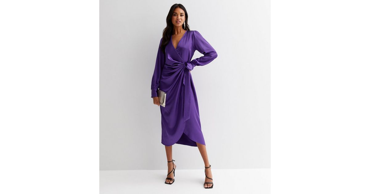 Purple Satin V Neck Tie Side Long Sleeve Midi Wrap Dress
						
						Add to Saved Items
						Re... | New Look (UK)