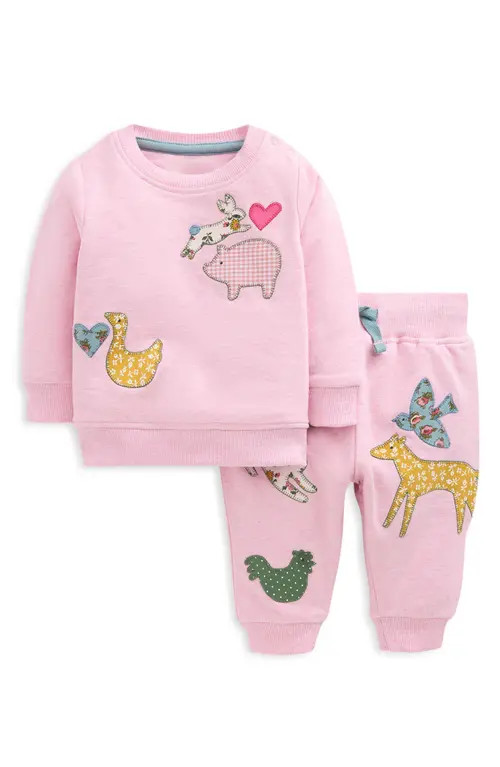 Mini Boden Kids' Appliqué Sweatshirt & Pants Set in Pale Pink Farm at Nordstrom, Size 18-24M | Nordstrom