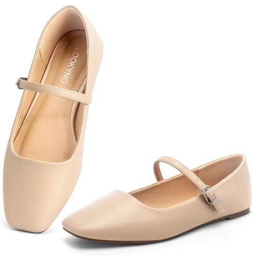Womens Mary Jane Flats Buckle Strap Square Toe Ballet Flats, Nude, 11 | Amazon (US)