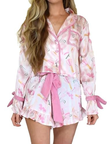 NUFIWI Women Christmas Bow Pajamas Set Santa Print Long Sleeve Button Shirt Ruffle Shorts 2 Piece Cute Bow Tie Pj Holiday Sleepwear(Crop Pink Champagne,M) | Amazon (US)