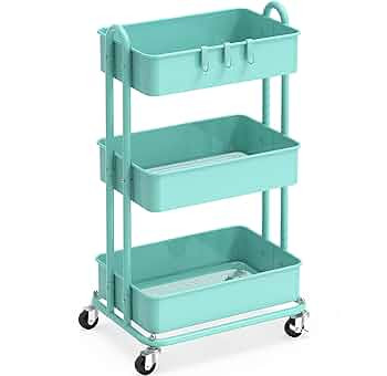 Simple Houseware 3-Tier Heavy Duty Metal Utility Rolling Cart, Turquoise | Amazon (US)