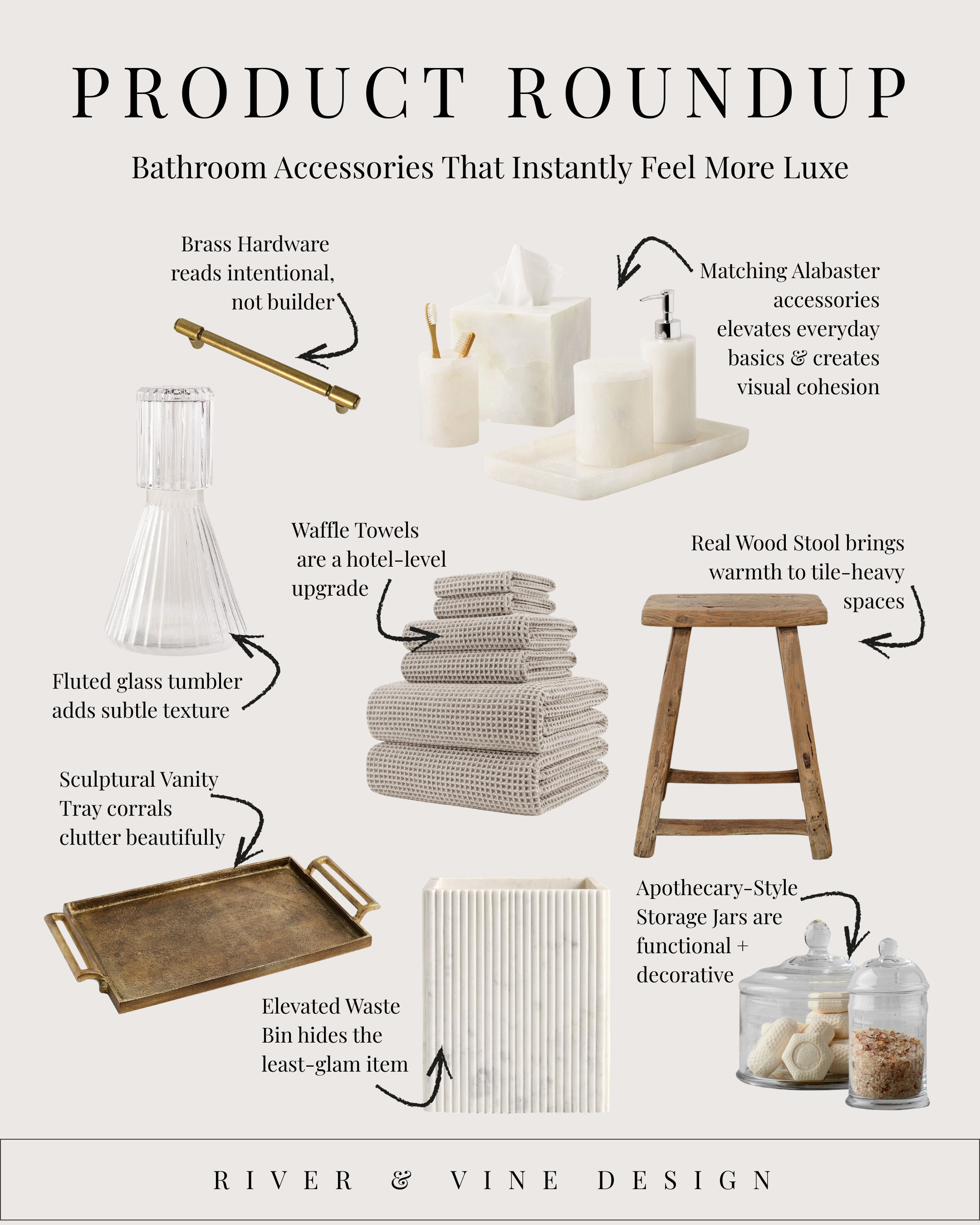 If your bathroom feels a little blah, it’s usually not the tile or vanity — it’s the accessories. ✨

Here’s what instantly makes a bathroom feel more luxe and intentional:
• Brass hardware to replace builder-grade finishes
• Matching alabaster accessories for a clean, cohesive look
• Fluted glass tumblers to add subtle texture
• Waffle towels for that hotel-level upgrade
• A real wood stool to warm up tile-heavy spaces
• A sculptural vanity tray to corral everyday clutter
• An elevated waste bin (because even the least-glam item matters)
• Apothecary-style jars that are both functional and decorative

Small swaps, big impact. Everything linked below 👇
Save this for your next bathroom refresh. 

 #LTKdayinmylife #LTKmorningroutine #LTKHome